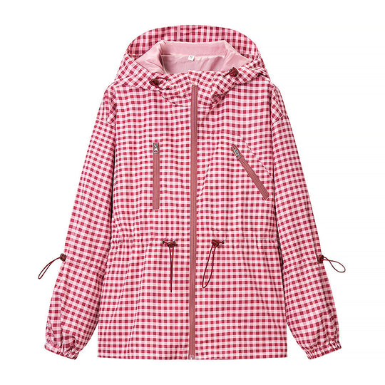 Damen Leichte Kapuzenjacke im Karo-Muster mit Tunnelzug und Reißverschlusstaschen Nord Taschen