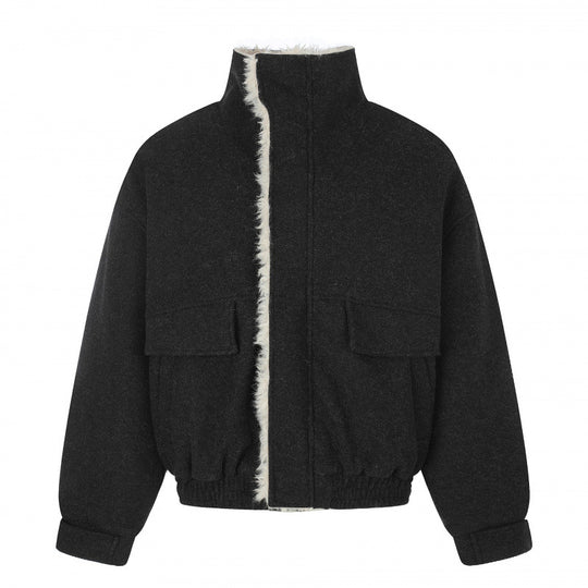 Damen Kurzer Wollmix‑Blouson im Flight‑Style mit Teddyfutter und aufgesetzten Pattentaschen Nord Taschen