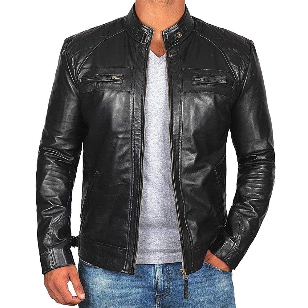 Herren Lederjacke Bikerstil aus echtem Leder mit Stehkragen und Zipper-Taschen Nord Taschen