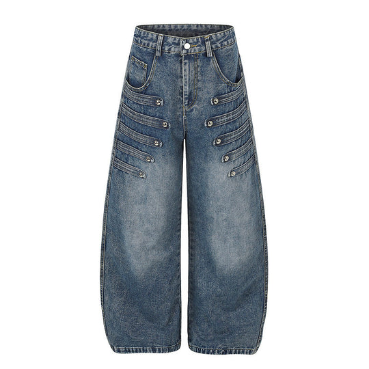 Damen Weite Denim-Palazzo-Jeans mit dekorischen Riegelnähten und Zierknopf-Details Nord Taschen