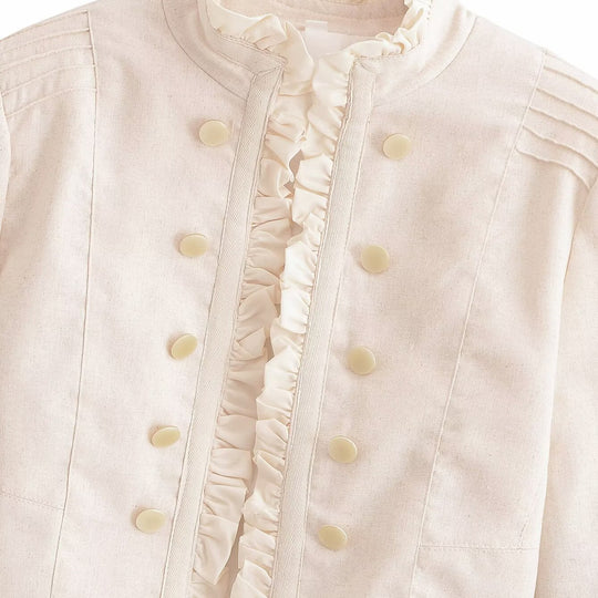 Damen Cropped Jacke mit Rüschenfront, Stehkragen und Zierknopfleiste Nord Taschen