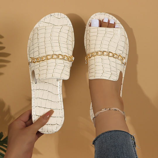 Damen  Croco Prägung Lederimitat Slide mit goldener Schmuckkette und gepolsterter Komfortsohle Nord Taschen
