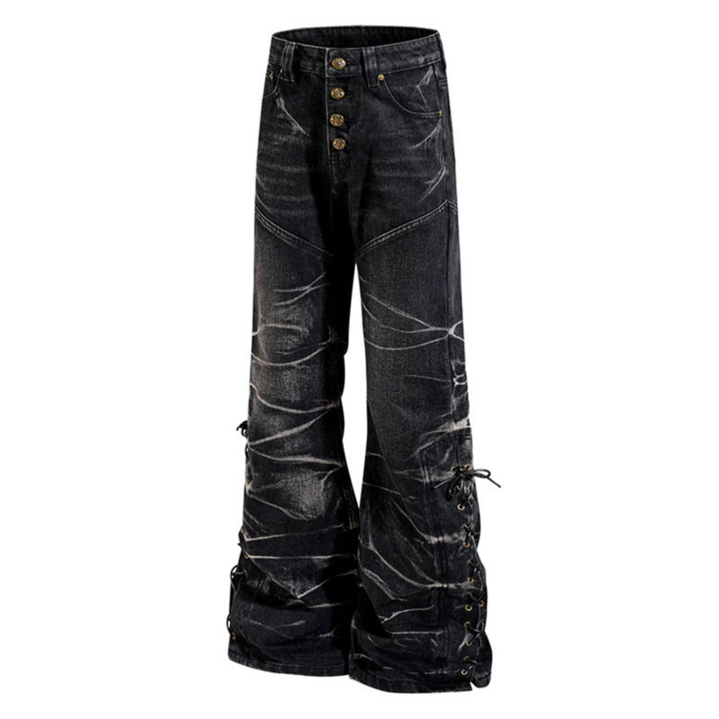 Damen hochgeschnittene ausgestellte Jeanshose mit Knopfleiste und seitlichen Schnürungen Nord Taschen