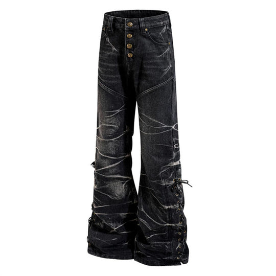Damen hochgeschnittene ausgestellte Jeanshose mit Knopfleiste und seitlichen Schnürungen Nord Taschen