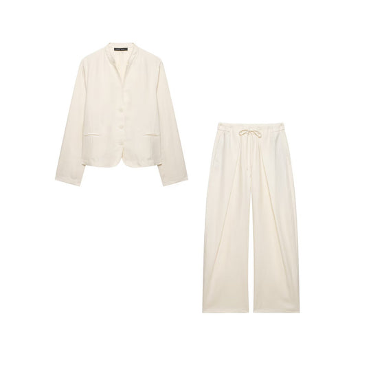 Damen Kurzblazer mit Stehkragen und weite Palazzo-Hose mit Kordelzug Nord Taschen