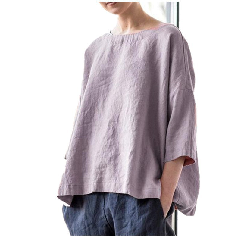 Damen Oversized Leinenbluse mit weitem Boxy‑Schnitt, U‑Boot‑Ausschnitt und 3/4‑Ärmeln Nord Taschen