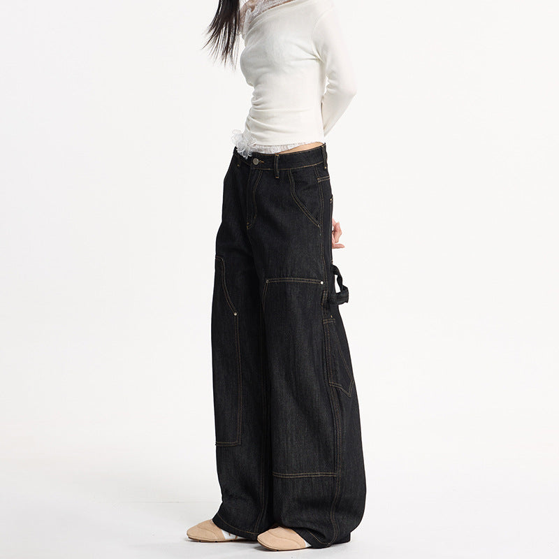 Damen Extraweite Denim-Palazzohose im Cargostil mit tiefem Schritt, Kontrastnähten und Utility‑Details Nord Taschen