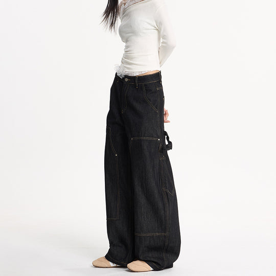 Damen Extraweite Denim-Palazzohose im Cargostil mit tiefem Schritt, Kontrastnähten und Utility‑Details Nord Taschen