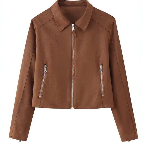 Damen Cropped Jacke aus Velourslederoptik mit Hemdkragen und zwei Reißverschlusstaschen Nord Taschen