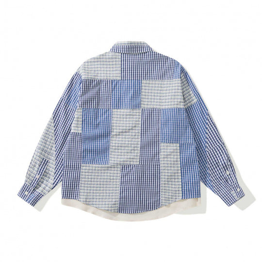 Unisex Oversize-Patchwork-Overshirt aus leichter Baumwollmischung mit Karo‑Design und Hemdkragen Nord Taschen