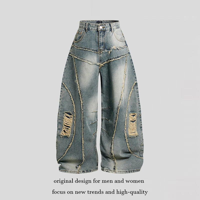 Damen Hochtaillierte weit geschnittene Destroy-Jeans mit Fransen‑Nahtdetails Nord Taschen