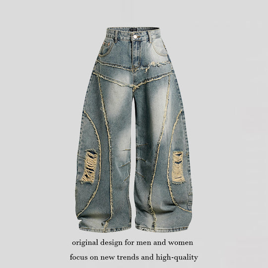 Damen Hochtaillierte weit geschnittene Destroy-Jeans mit Fransen‑Nahtdetails Nord Taschen