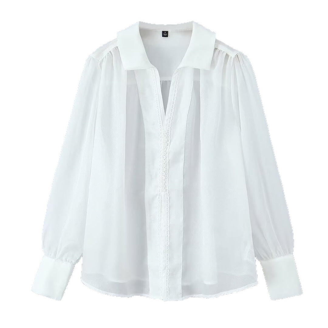 Damen Transparente Chiffon-Bluse mit Spitzenbesatz, Ballonärmeln und breiten Manschetten Nord Taschen