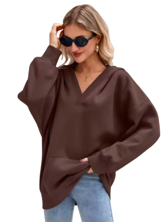 Damen Oversize V-Ausschnitt Hoodie mit Kapuze, Kängurutasche und verlängertem Saum Nord Taschen