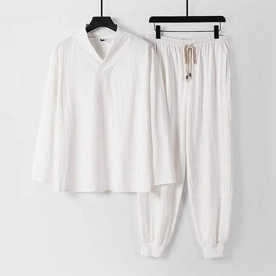 Herren Leichtes Kimono-Loungewear-Set aus Baumwollmix mit V‑Ausschnitt und elastischer Bündchenhose Nord Taschen
