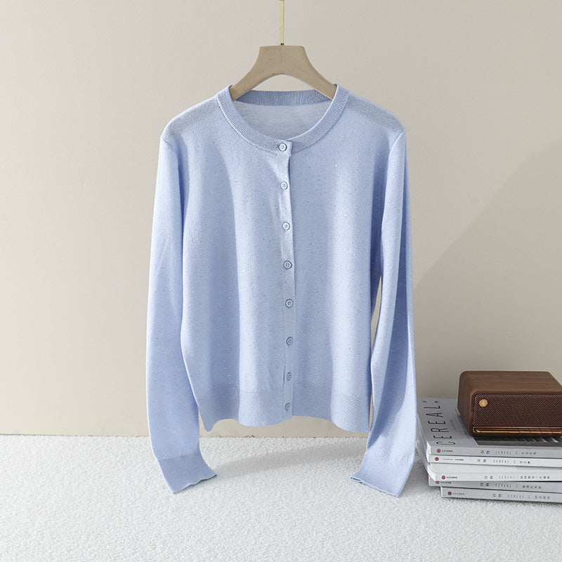 Damen Feiner Rundhals-Cardigan aus leichtem Feinstrick mit Perlmuttknopfleiste und dezentem Glitzereffekt Nord Taschen