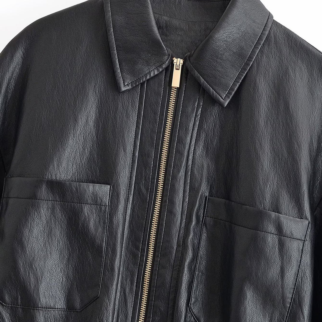 Damen Boxy-Kunstleder-Blouson mit elastischer Taillenpartie, aufgesetzten Brusttaschen und sichtbarem Reißverschluss Nord Taschen