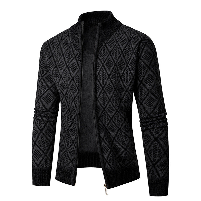 Herren Strickzipjacke mit Diamantjacquard, Stehkragen und Zweiwege-Reißverschluss Nord Taschen