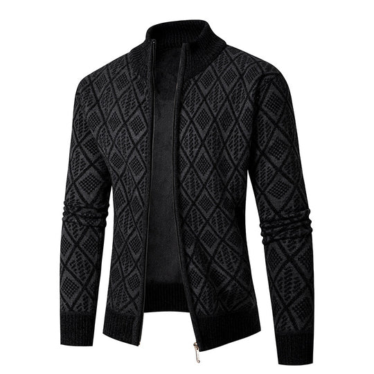 Herren Strickzipjacke mit Diamantjacquard, Stehkragen und Zweiwege-Reißverschluss Nord Taschen