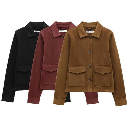Damen Kurze Wildlederoptik-Jacke mit aufgesetzten Klappentaschen Nord Taschen
