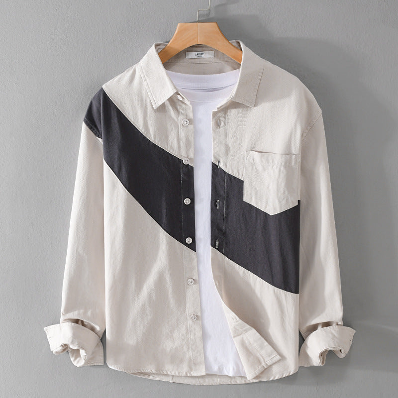 Herren Baumwoll-Overshirt mit diagonalem Colorblock, Kentkragen und Brusttasche Nord Taschen