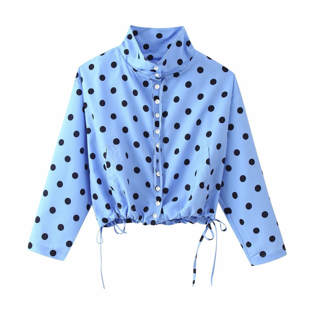 Damen Gepunktete Cropped-Bluse mit Stehkragen und Tunnelzugsaum Nord Taschen