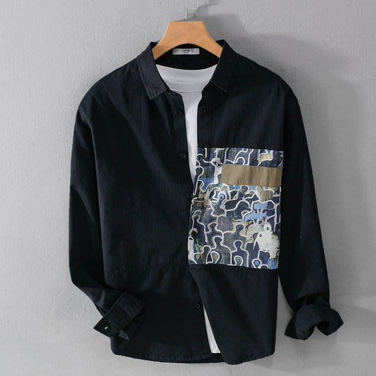 Herren Baumwollhemd mit großem Kunst-Print-Brustpatch und Kentkragen Nord Taschen