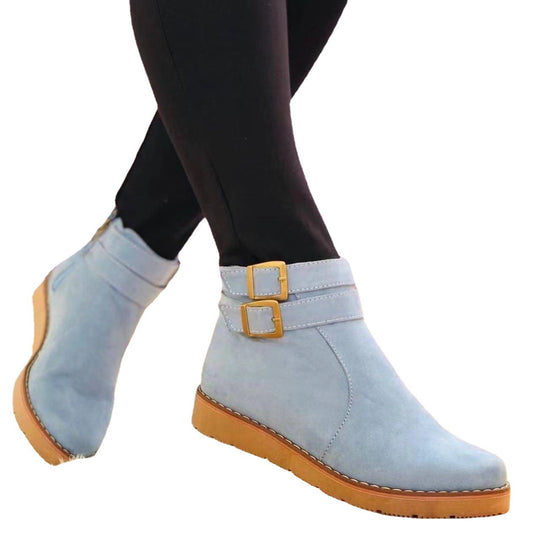 Damen Knöchelstiefel aus Veloursimitat mit Doppelriemen und flacher Keilsohle Nord Taschen