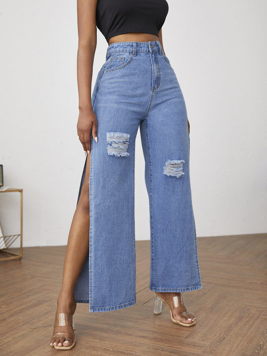 Damen weite High-Waist Denim-Jeanshose mit seitlichen Beinschlitzen und Destroyed-Kniepartien Nord Taschen