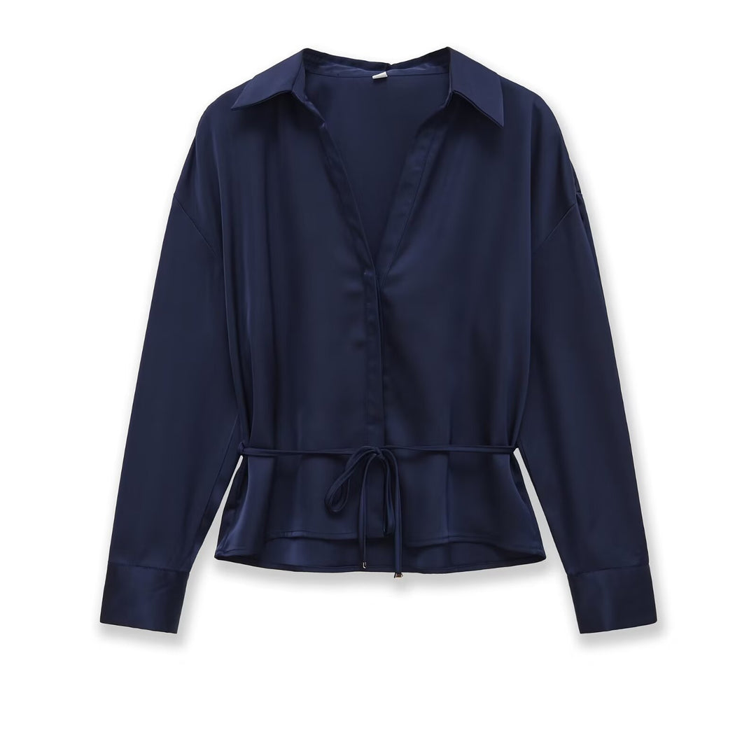 Damen Seidiges Hemdblusen-Shirt mit Bindegürtel und Schößchen Nord Taschen