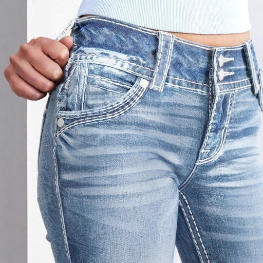Damen enge High-Waist Skinny-Jeans mit sichtbarer Kontrastnaht Nord Taschen