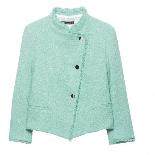 Damen Cropped Bouclé‑Jacke mit asymmetrischer Knopfleiste und Fransensaum Nord Taschen