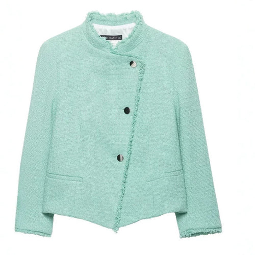 Damen Cropped Bouclé‑Jacke mit asymmetrischer Knopfleiste und Fransensaum Nord Taschen