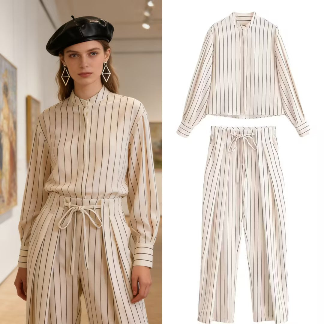 Damen Hochtaillierte weite Plissee-Hose mit Tunnelzug und Längsstreifen Nord Taschen