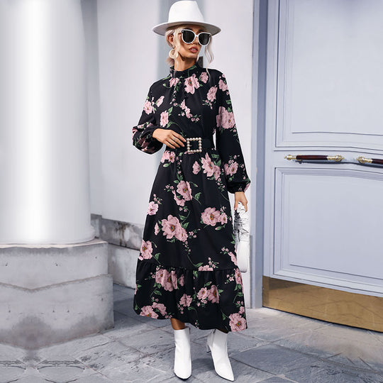Damen Maxikleid mit floralem Allover‑Print, Stehkragen, langen Ballonärmeln und Volant Nord Taschen