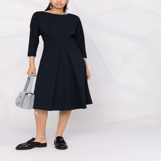 Damen Kleid mit 3/4-Ärmeln, Boot-Ausschnitt und tailliertem Faltenrock Nord Taschen