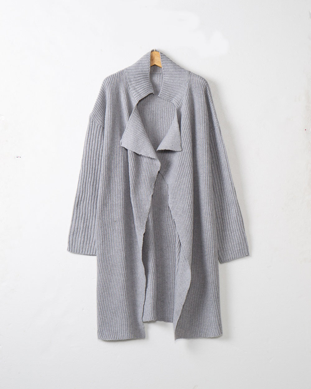 Damen langer offener Rippstrick-Cardigan mit weitem Schalkragen Nord Taschen