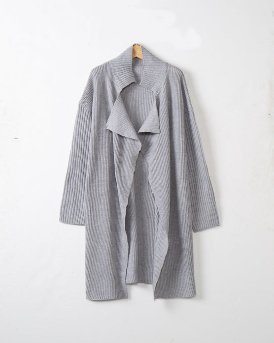 Damen langer offener Rippstrick-Cardigan mit weitem Schalkragen Nord Taschen