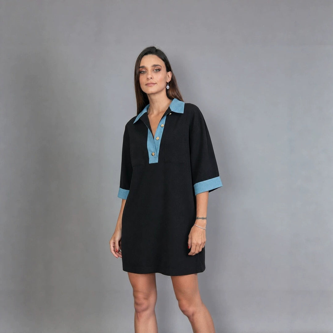 Damen oversized Polo-Tunika mit Kontrastkragen und aufgesetzten Brusttaschen Nord Taschen