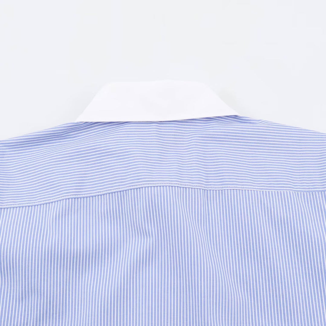 Damen Gestreifte Oversize-Bluse mit Kontrastkragen, Manschetten und Zierknotenverschlüssen Nord Taschen