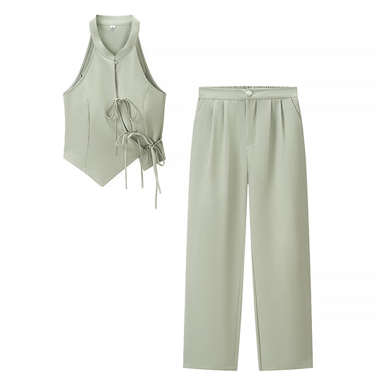 Damen Zweiteiliges tailliertes Weste- und weites Hosen-Set mit Schnürdetail Nord Taschen