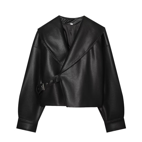 Damen Cropped Lederoptik-Blouson mit übergroßem Schalkragen und asymmetrischem Taillengürtel Nord Taschen