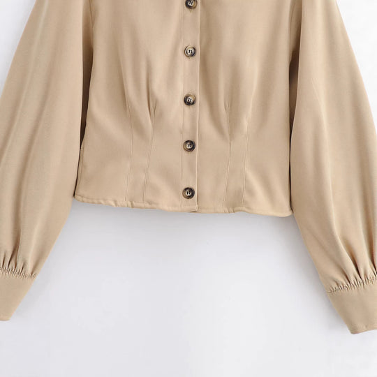 Damen Taillierte Cropped-Hemdjacke mit Wiener Nähten und Ballonärmeln Nord Taschen
