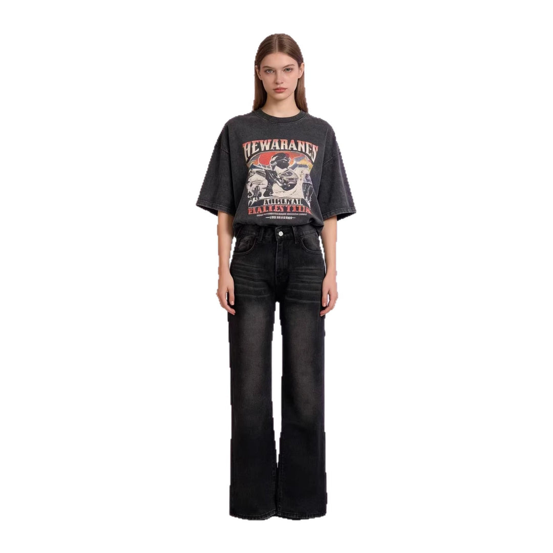 Damen hochgeschnittene Jeans mit schmaler Hüftpassform und weitem Schlag im Retro-Stil Nord Taschen