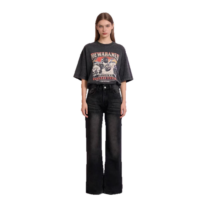 Damen hochgeschnittene Jeans mit schmaler Hüftpassform und weitem Schlag im Retro-Stil Nord Taschen