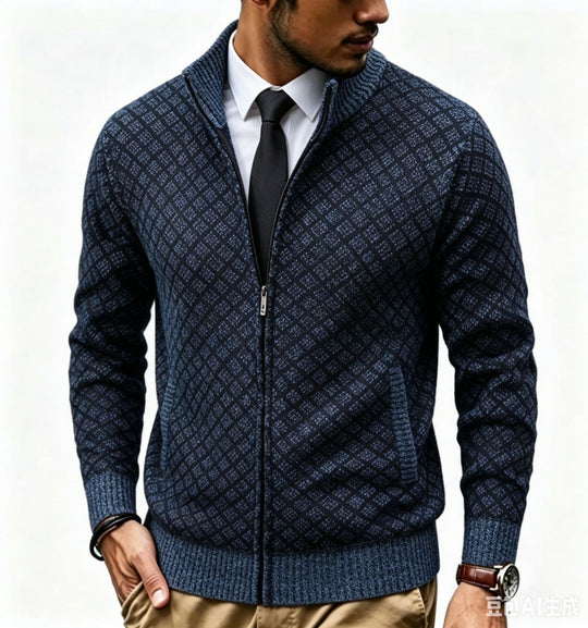 Herren Strukturierte Strickjacke mit Stehkragen und Diamant-Jacquard Nord Taschen