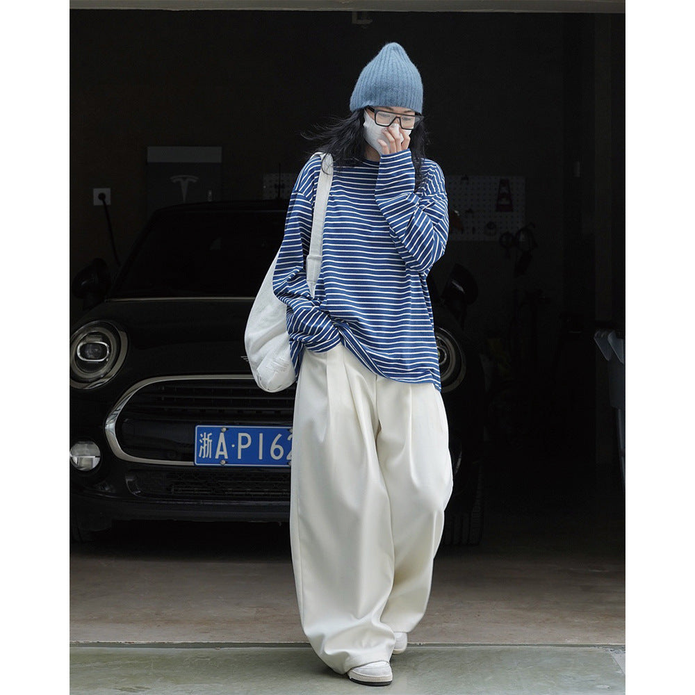 Damen Oversized Streifen-Longsleeve aus Baumwolljersey mit Rundhalsausschnitt Nord Taschen