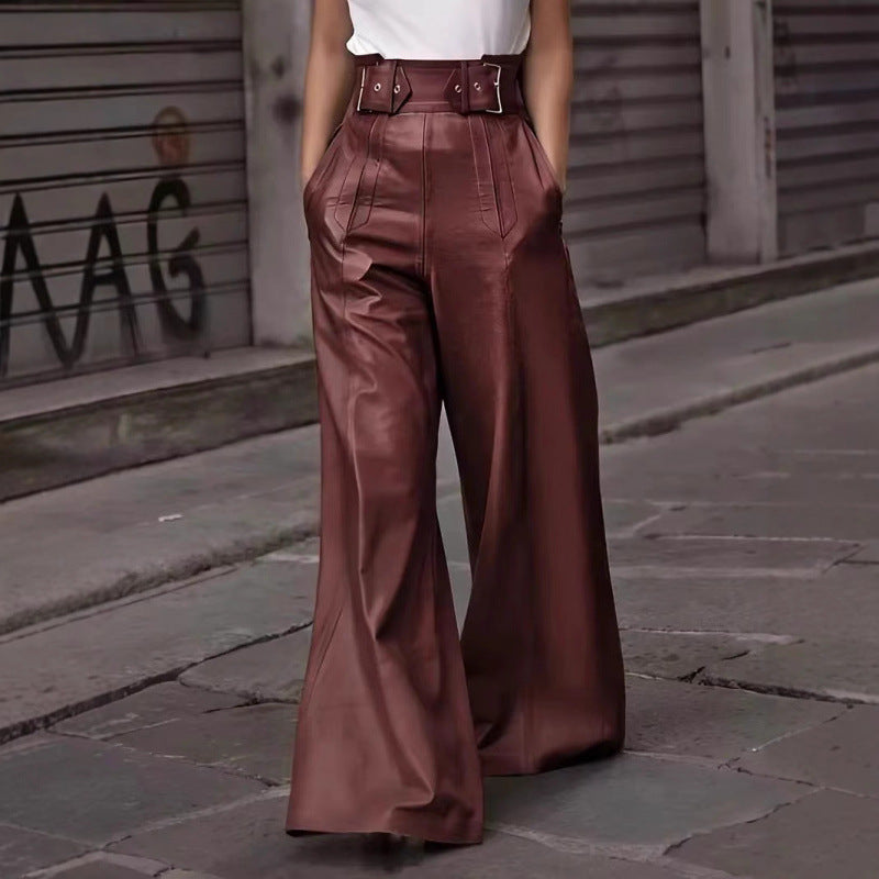 Damen weite High-Waist Palazzo-Hose aus Lederimitat mit Breitbund Nord Taschen