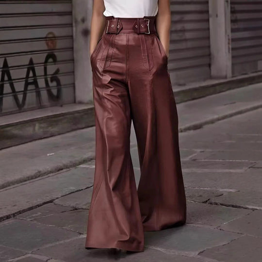 Damen weite High-Waist Palazzo-Hose aus Lederimitat mit Breitbund Nord Taschen