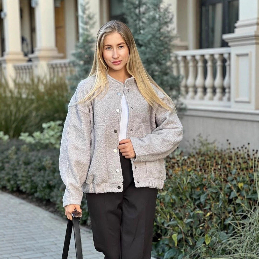 Damen Teddy-Fleece Bomberjacke im Boxy-Cut mit Druckknopfverschluss und aufgesetzten Taschen Nord Taschen